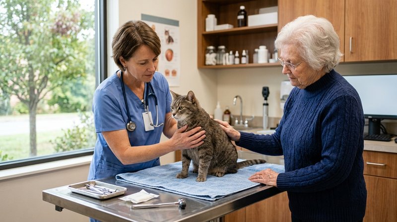 Una veterinaria explorando con calma a un gato mayor sobre la mesa de consulta mientras su dueña le apoya la mano en el