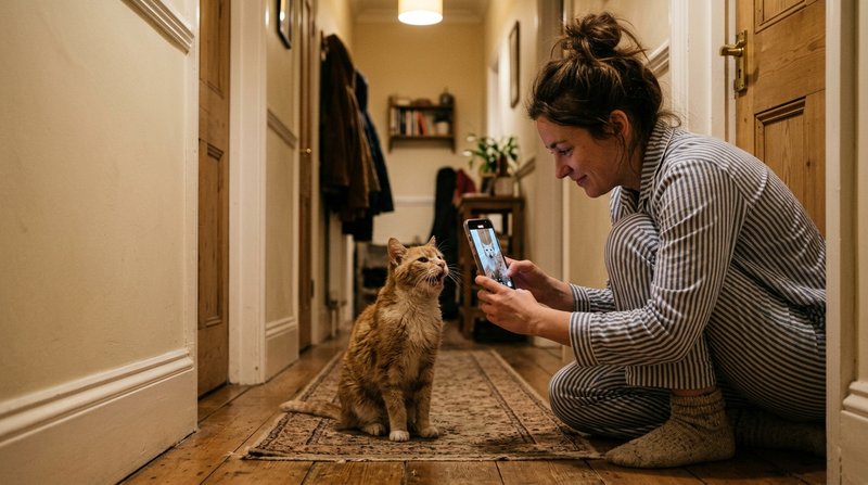 Una persona en pijama grabando con el móvil a su gato mayor que maúlla en el pasillo de madrugada, luz cálida y tenue, a