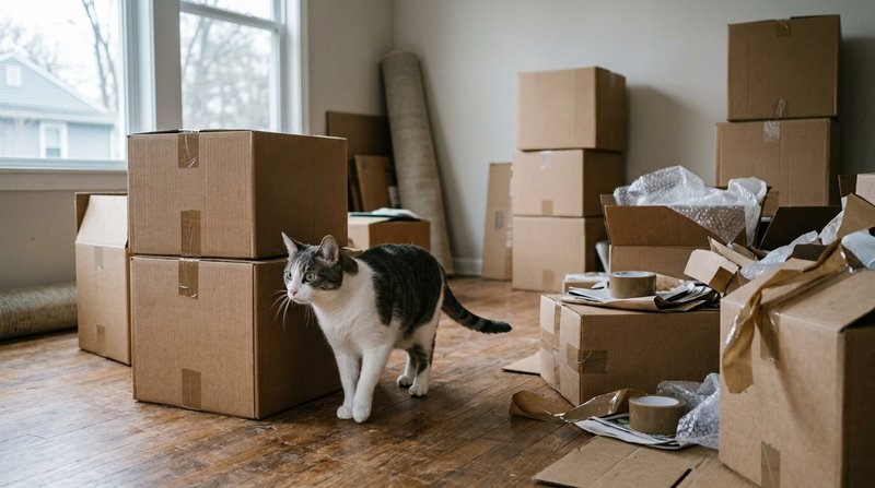 Un gato blanco y gris entre cajas de cartón de mudanza en una habitación medio vacía, actitud insegura y alerta, luz nat