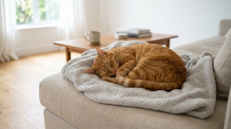 Un gato naranja durmiendo profundamente acurrucado sobre una manta en el sofá a plena luz del día, postura de sueño exce