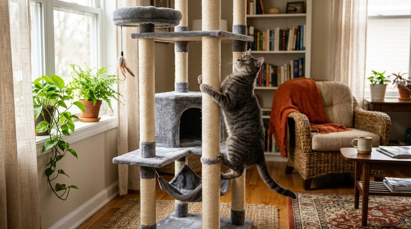 Un gato gris trepando por un rascador alto con plataformas y escondites en un salón acogedor, actitud curiosa y activa,