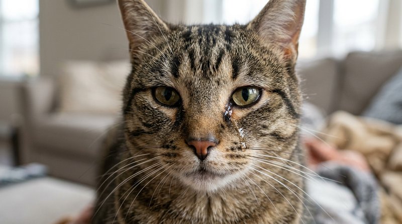 Un primer plano de un gato de ojos llorosos con una lágrima humedeciendo su pelaje, expresión serena, luz suave y difusa