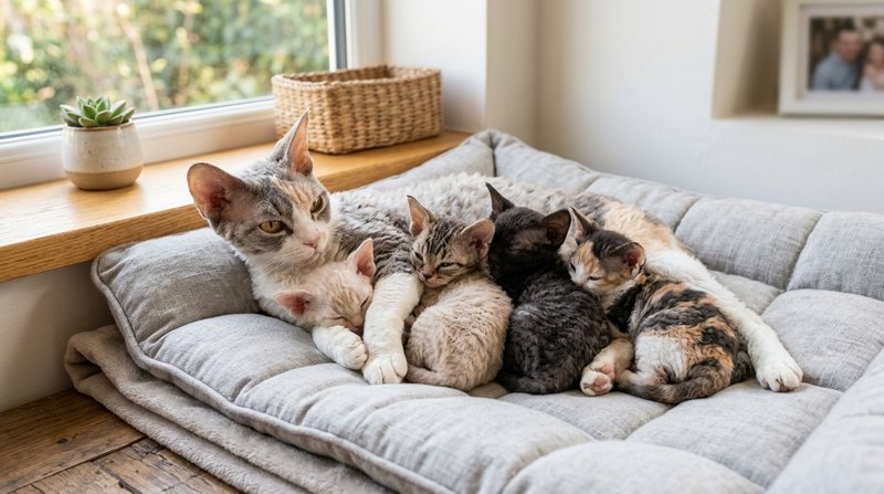 Una gata devon rex adulta tumbada en una cama acolchada con cuatro gatitos de pelo rizado y orejas grandes amontonados a