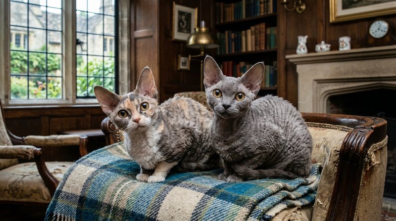 Dos gatos devon rex de pelo corto ondulado, orejas enormes de base ancha y cara de duende sentados juntos sobre una mant
