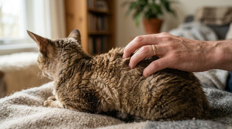 Un primer plano del lomo de un gato devon rex con el pelo corto de rizos irregulares y textura de terciopelo, y una mano