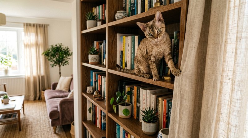 Un gato devon rex trepado en lo alto de una estantería de salón, con una pata apoyada en el borde de una cortina y miran