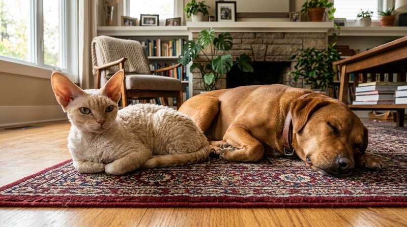 Un gato devon rex de orejas enormes tumbado en una alfombra junto a un perro mediano tranquilo que dormita a su lado, sa