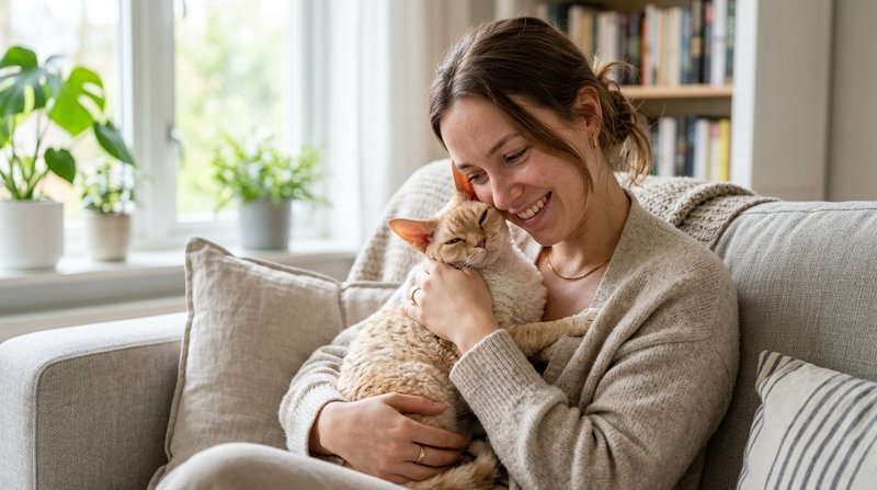 Una persona sentada en el sofá sosteniendo cerca de su cara a un gato devon rex de pelo rizado que ronronea con los ojos