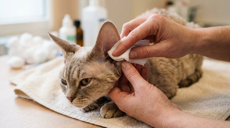 Unas manos limpiando con una gasa el pabellón de la oreja enorme de un gato devon rex sujeto con suavidad sobre una mesa