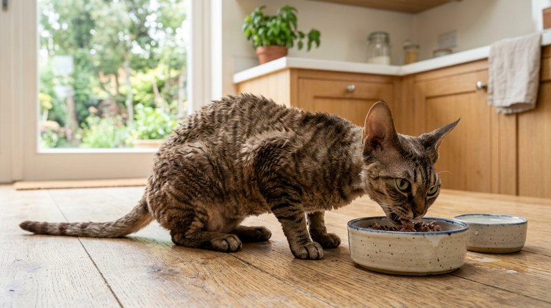 Un gato devon rex delgado y musculado comiendo de un cuenco de cerámica en el suelo de una cocina ordenada, con las pata