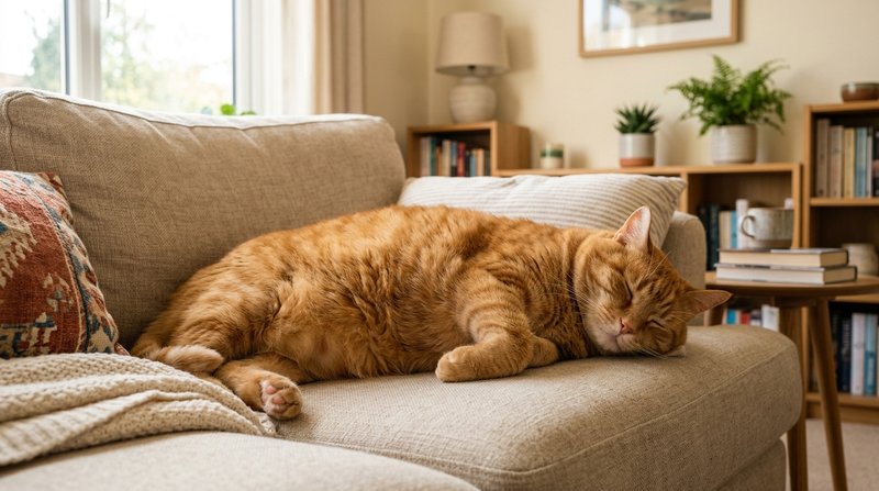 Un gato naranja con sobrepeso tumbado de costado en un sofá beige, cuerpo redondeado y expresión tranquila, salón hogare