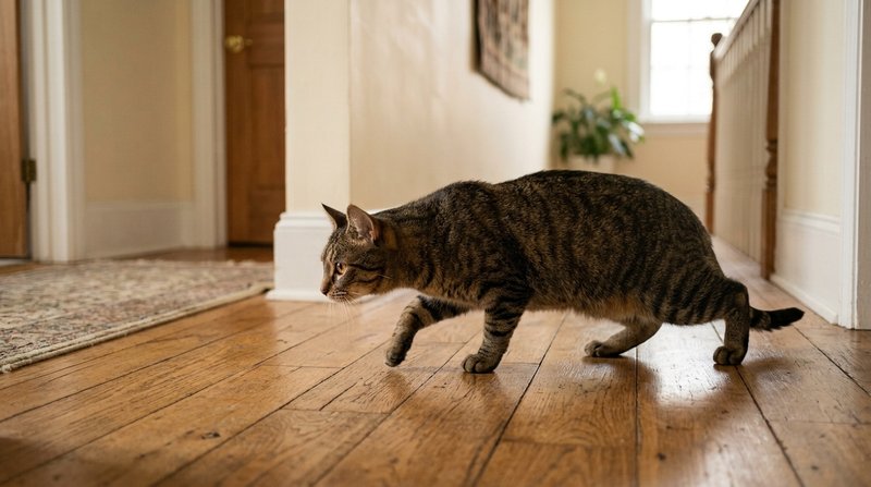 Un gato caminando despacio por el suelo de madera de un pasillo, cuerpo bajo y patas traseras muy flexionadas, ambiente