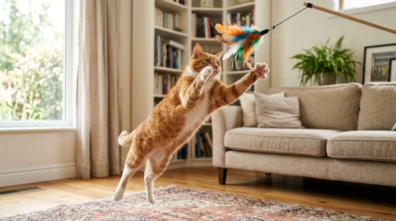 Un gato saltando con energía tras una caña de juguete con plumas en un salón amplio, movimiento dinámico y patas estirad