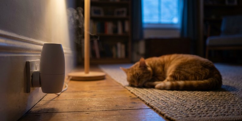 Difusor de feromonas enchufado con un gato dormido cerca