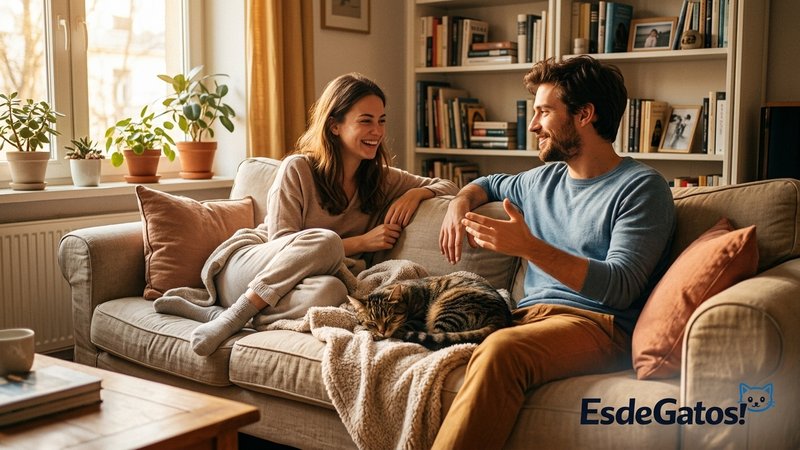 Dos amigas conversando distendidas en un salón mientras un gato descansa entre ellas en el sofá