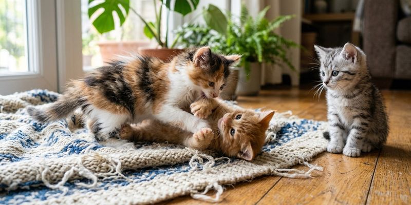 Dos gatitos jugando a pelearse sobre una manta mientras otro observa