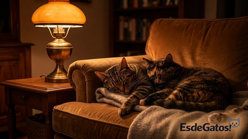 Dos gatos descansando relativamente cerca en el salón durante la noche, con luz cálida de lámpara
