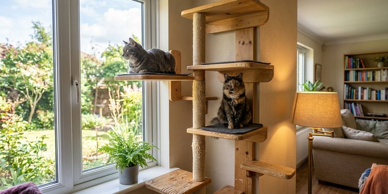 Dos gatos en distintos niveles de una estanteria de pared junto a la ventana