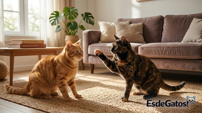 Dos gatos interactuando en el salón, uno levantando la pata hacia el otro en un gesto de aviso, sin agresividad
