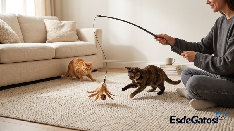 Dos gatos jugando en la misma habitación con una caña larga o cuerda con un juguete