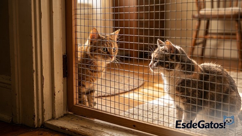 Dos gatos mirándose a través de una barrera de rejilla colocada en el marco de una puerta