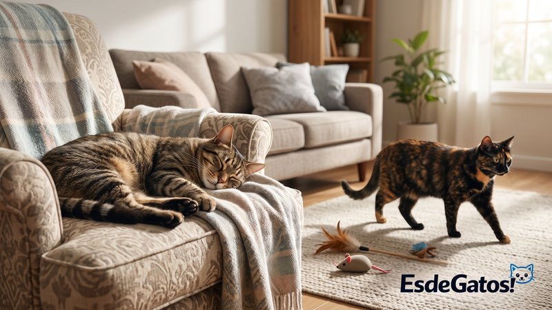 Dos gatos en la misma habitación mostrando señales de mejora: uno descansando