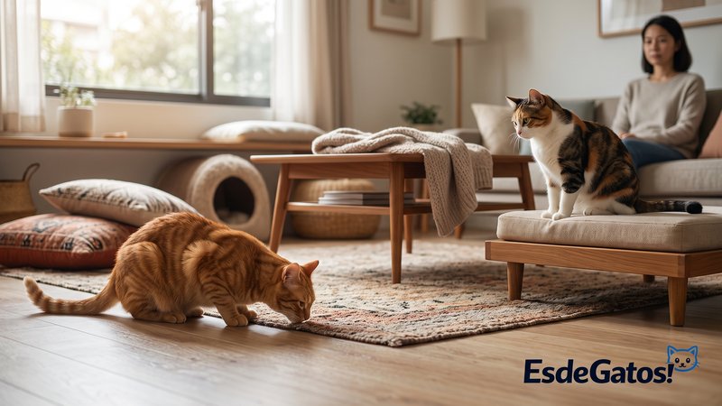 Dos gatos moviéndose libremente en una sala mientras una persona los vigila con calma