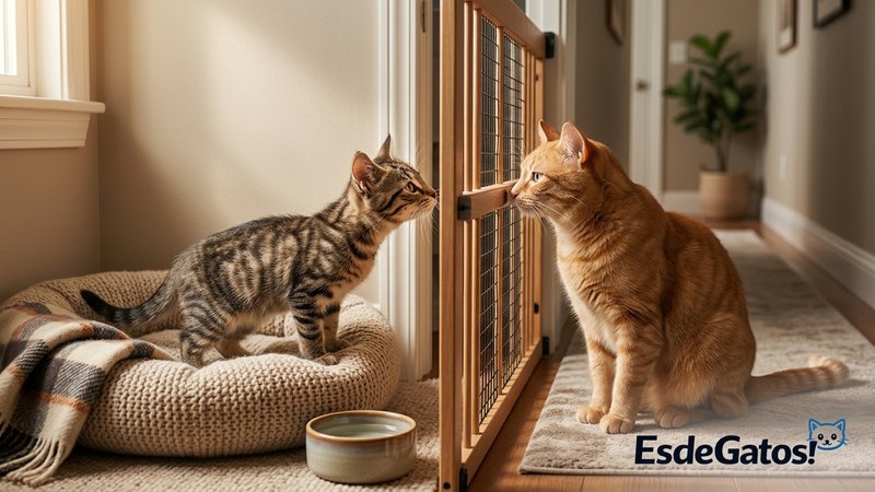 Dos gatos en proceso de adaptación gradual dentro de una casa