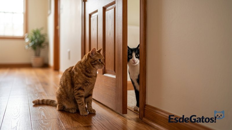 Dos gatos separados por una puerta entreabierta, uno a cada lado, en el pasillo de una casa