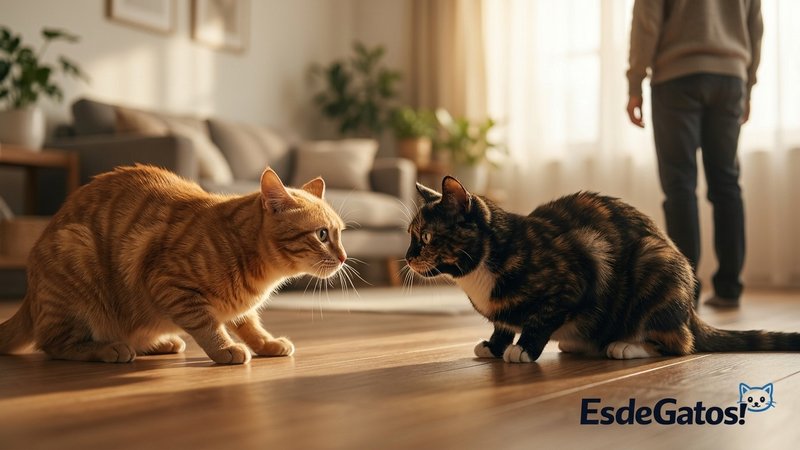 Dos gatos tensos frente a frente mientras una persona los observa desde atrás sin intervenir