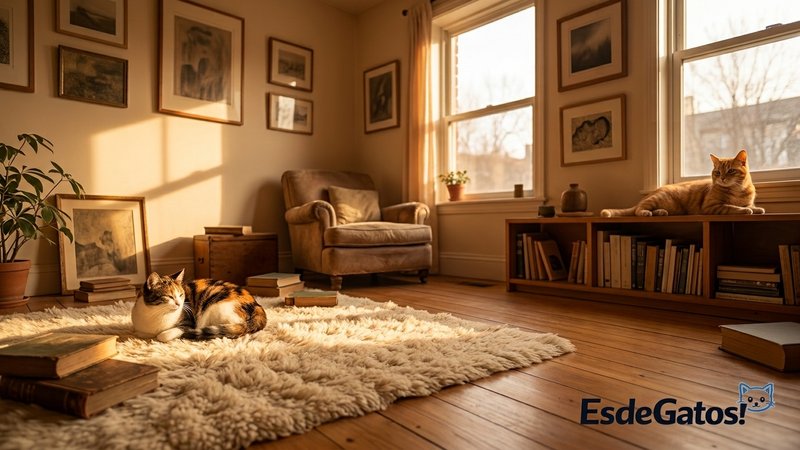 Dos gatos tranquilos en la misma habitación, cada uno en su rincón, sin tensión