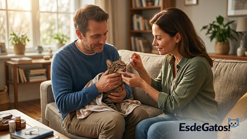 Dos personas colaborando para dar la medicina a un gato: una lo sujeta con cariño y la otra se la administra, en el