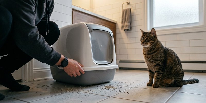 Duena agachada junto a un arenero cerrado mientras su gato la observa