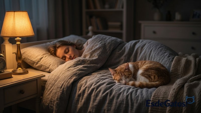 Un dormitorio en penumbra por la noche, con una persona durmiendo plácidamente en la cama y un gato tranquilo enroscado