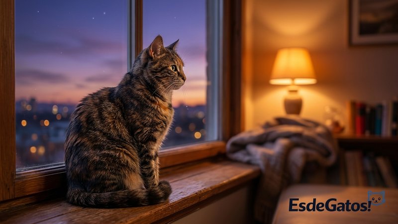 Un gato tranquilo sentado en el alféizar de una ventana al anochecer, observando el cielo con calma mientras la luz camb