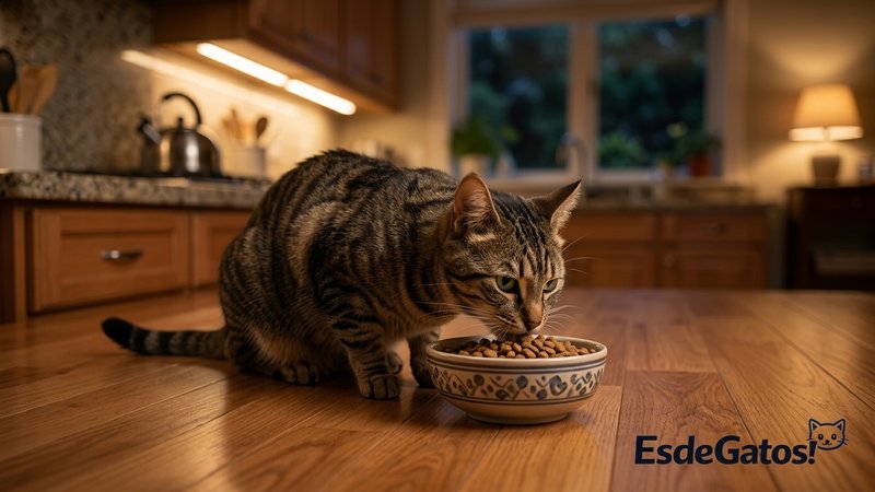 Un gato atigrado comiendo tranquilo de su cuenco en el suelo de una cocina hogareña por la noche, con luz cálida de inte