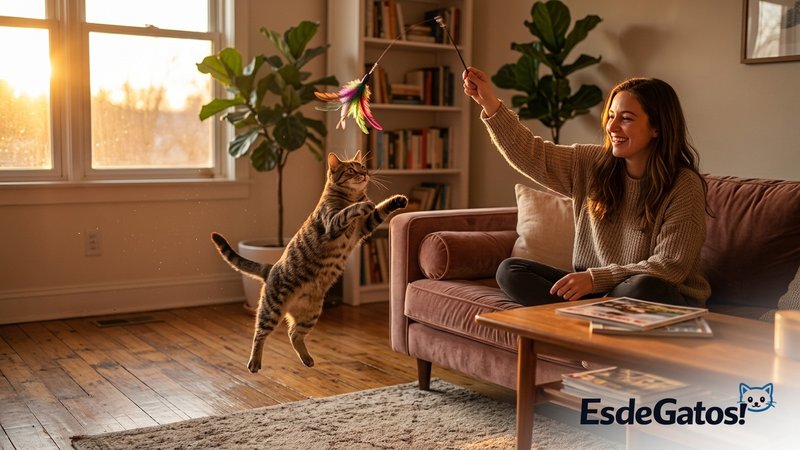Una persona jugando con su gato usando una caña con plumas en el salón al atardecer, el gato saltando y persiguiendo el