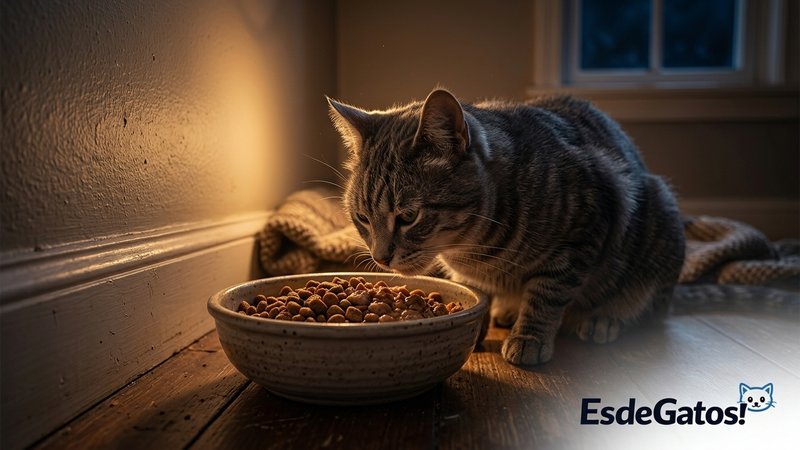Un gato gris cenando de un cuenco bien lleno de comida en un rincón cálido de la casa por la noche, con luz tenue y acog