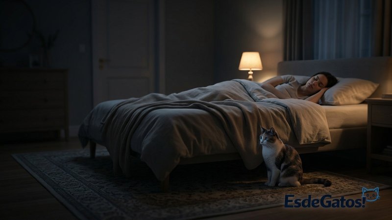 Un dormitorio de noche con una persona acostada de espaldas durmiendo y un gato sentado tranquilo junto a la cama en la