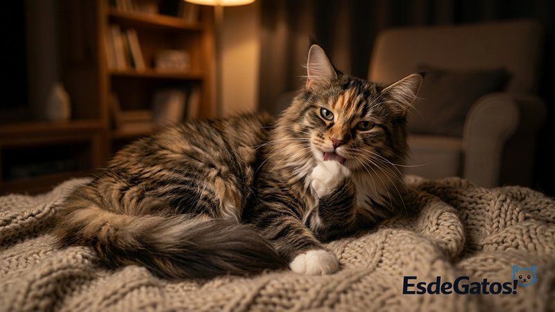 Un gato de pelo largo acicalándose y relajándose en un rincón acogedor del salón por la noche, sobre una manta suave y c
