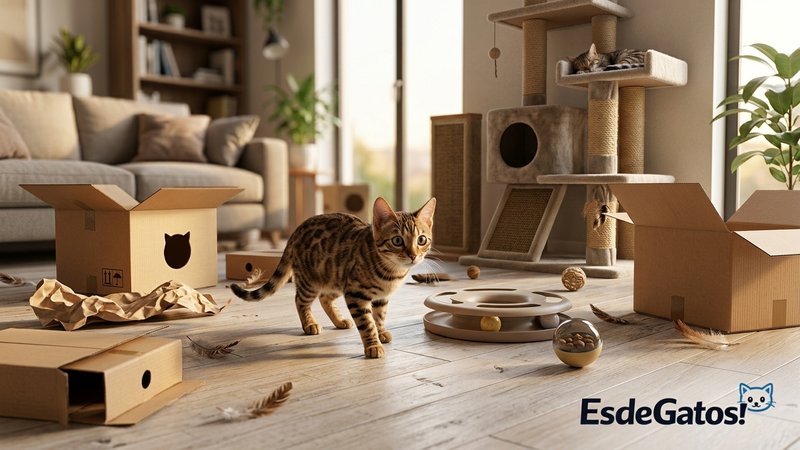 Un gato joven explorando tranquilo un salón lleno de estímulos, con juguetes interactivos, un rascador y varias cajas de