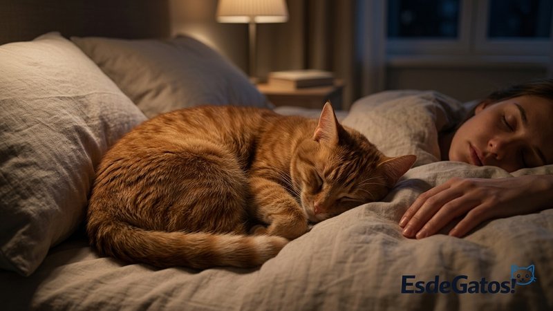 Un gato naranja durmiendo profundamente acurrucado sobre la cama junto a una persona dormida, en un dormitorio en calma