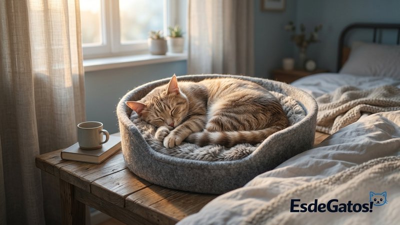 Un gato tranquilo durmiendo del tirón, enroscado en una cesta mullida colocada junto a la cama en un dormitorio silencio