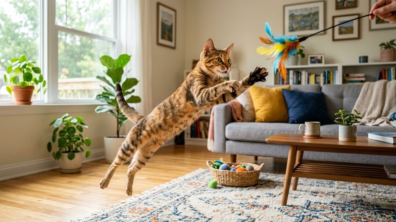 Un gato joven y esbelto jugando lleno de energía en el salón de un hogar luminoso, con el cuerpo estirado en pleno salto