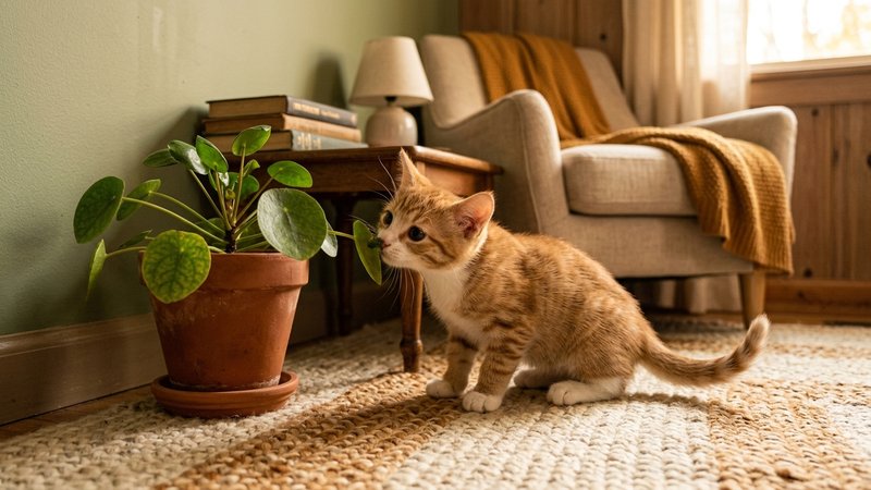 Un gatito curioso explorando el rincón de una habitación cálida, olfateando una planta con actitud descubridora e inocen