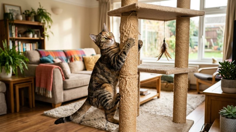 Un gato adolescente ágil y musculoso trepando por un árbol rascador en un salón cálido, con expresión despierta y vital,