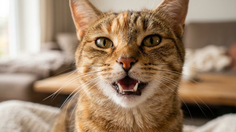 Un primer plano de un gato con la boca entreabierta mostrando sus dientes limpios y blancos, sobre fondo neutro y cálido