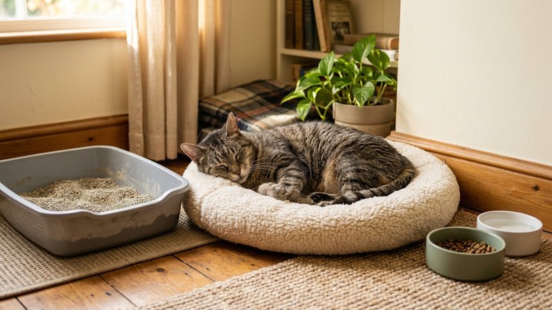 Un gato senior acomodado en una cama baja y mullida junto a un arenero de borde bajo y un comedero al alcance, en un rin