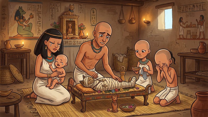Una familia del Antiguo Egipto reunida en actitud de duelo y tristeza dentro de su hogar de adobe, con expresión de pesa