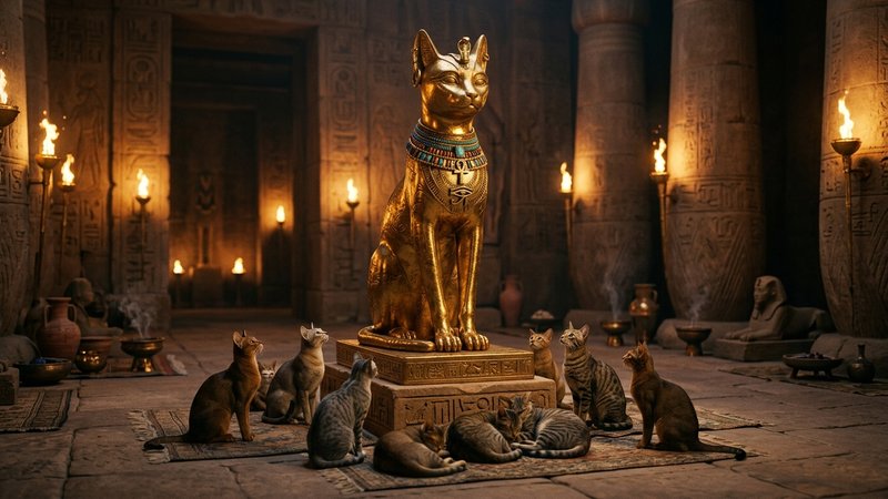 Una majestuosa estatua dorada de la diosa Bastet con forma de gata sentada, adornada con amuletos y joyas del Antiguo Eg